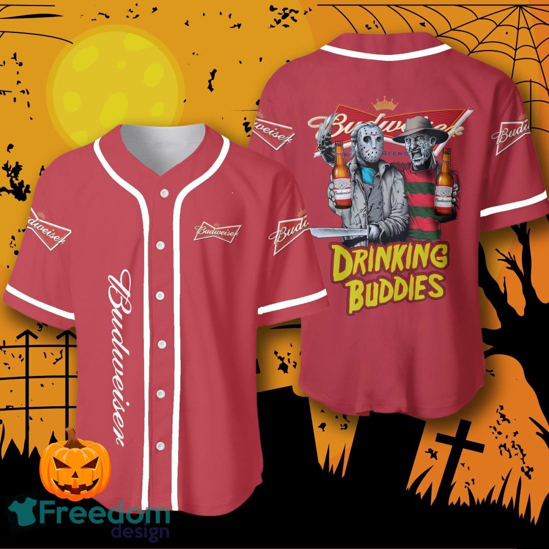 Halloween Horror Freddy And Jason Budweiser Beer Drinking Buddies Baseball Jersey Halloween Shirt For Men Women image Halloween Horror Freddy And Jason Budweiser Beer Drinking Buddies Baseball Jersey Halloween Shirt For Men Women Product Photo 1