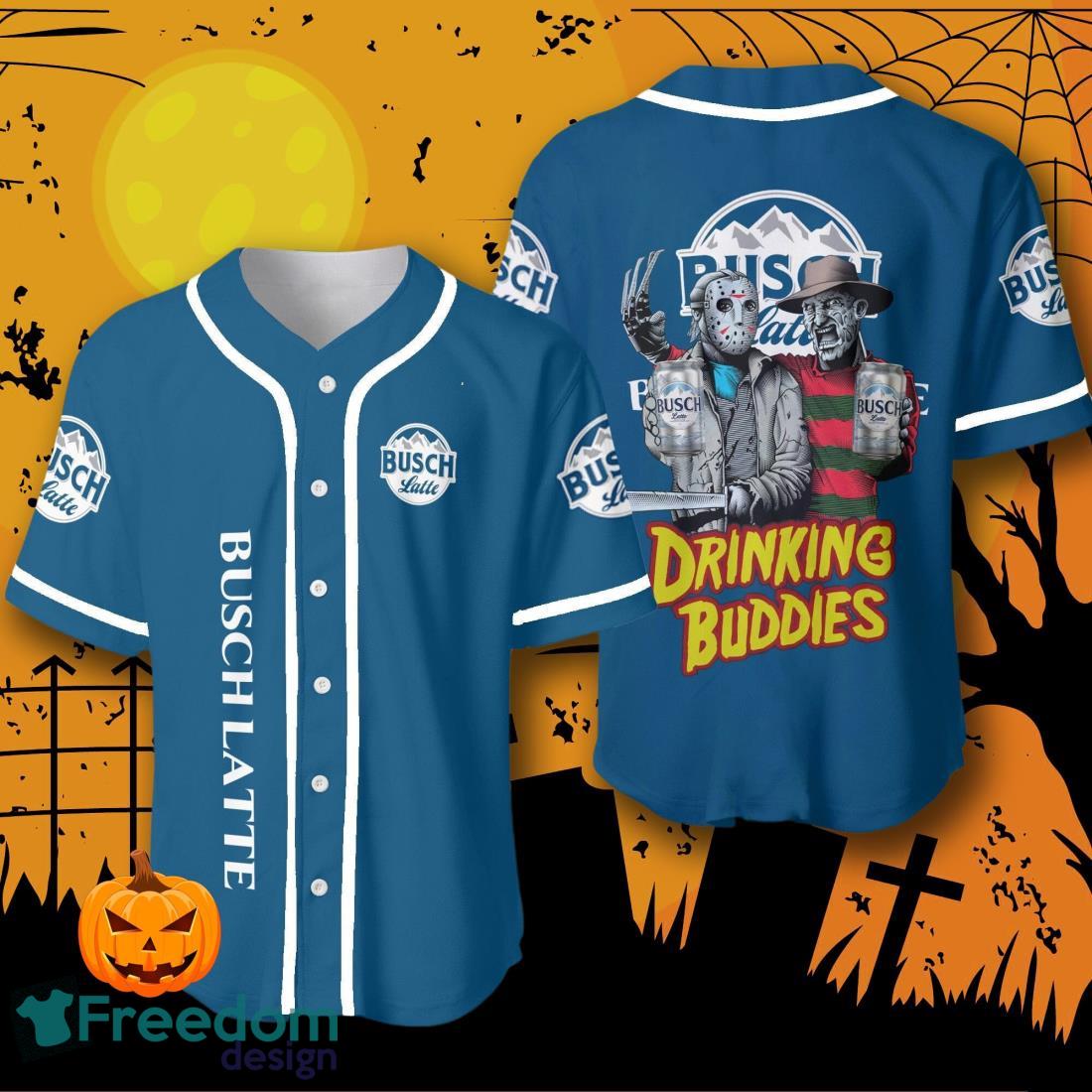 Halloween Horror Freddy And Jason Busch Latte Drinking Buddies Baseball Jersey Halloween Shirt For Men Women image Halloween Horror Freddy And Jason Busch Latte Drinking Buddies Baseball Jersey Halloween Shirt For Men Women Product Photo 1