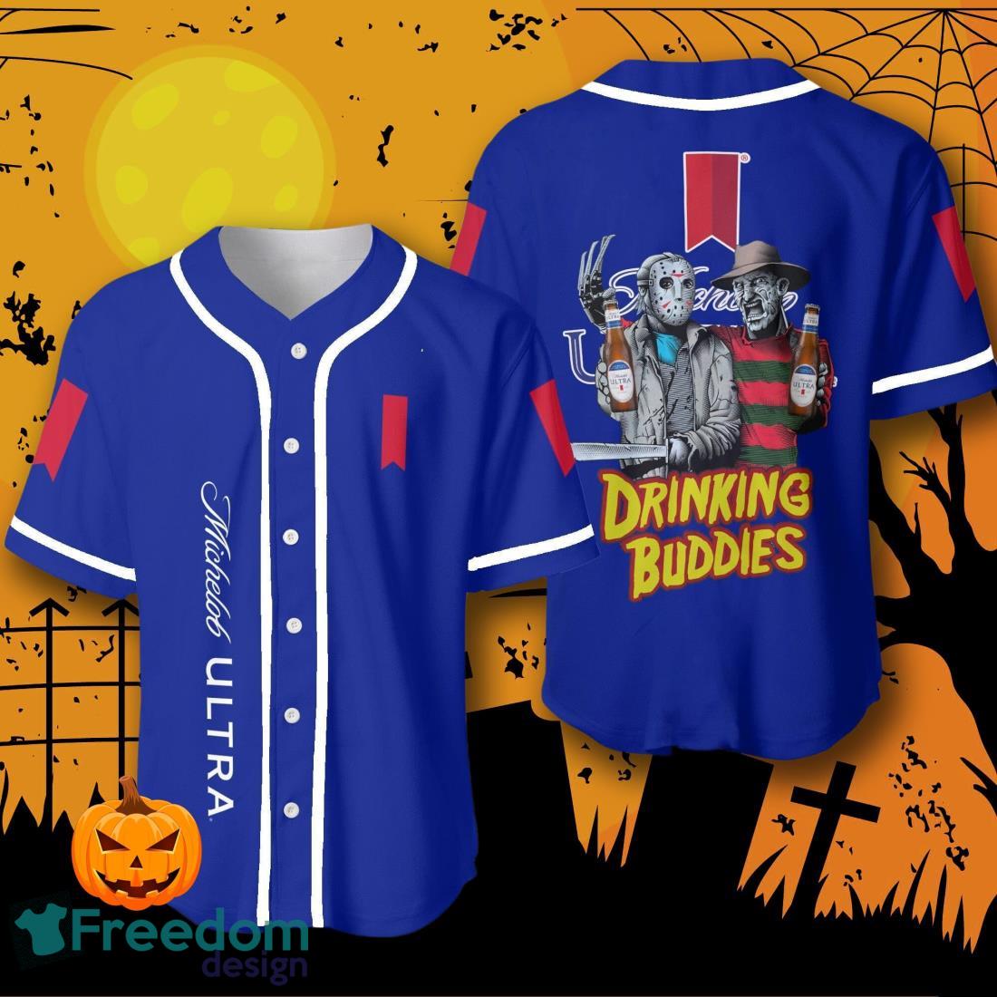 Halloween Horror Freddy And Jason Michelob Ultra Drinking Buddies Baseball Jersey Halloween Shirt For Men Women image Halloween Horror Freddy And Jason Michelob Ultra Drinking Buddies Baseball Jersey Halloween Shirt For Men Women Product Photo 1