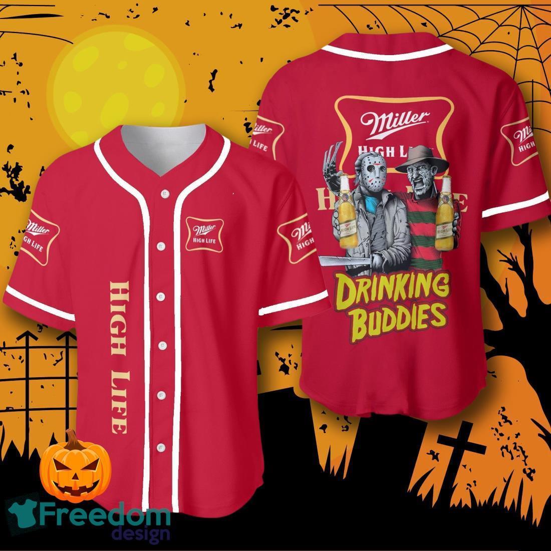 Halloween Horror Freddy And Jason Miller High Life Drinking Buddies Baseball Jersey Halloween Shirt For Men Women image Halloween Horror Freddy And Jason Miller High Life Drinking Buddies Baseball Jersey Halloween Shirt For Men Women Product Photo 1