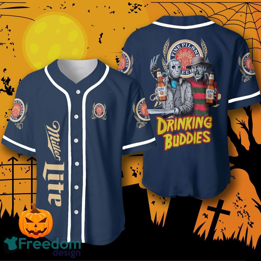 Halloween Horror Freddy And Jason Miller Lite Drinking Buddies Baseball Jersey Halloween Shirt For Men Women image Halloween Horror Freddy And Jason Miller Lite Drinking Buddies Baseball Jersey Halloween Shirt For Men Women Product Photo 1
