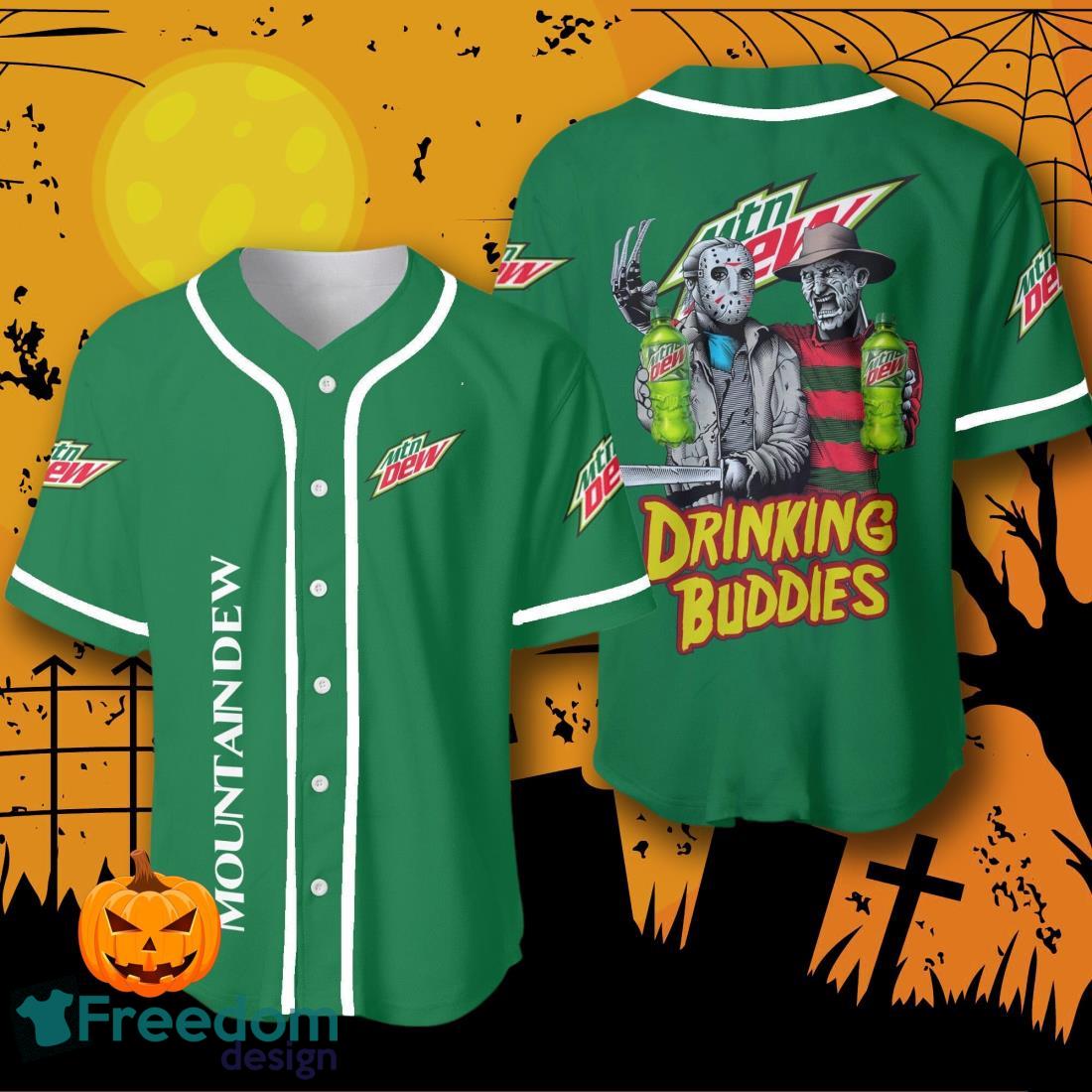 Halloween Horror Freddy And Jason Mountain Dew Drinking Buddies Baseball Jersey Halloween Shirt For Men Women image Halloween Horror Freddy And Jason Mountain Dew Drinking Buddies Baseball Jersey Halloween Shirt For Men Women Product Photo 1