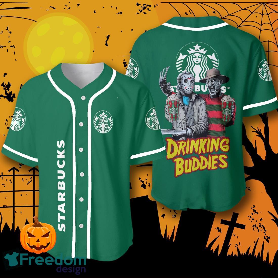 Halloween Horror Freddy And Jason Starbucks Coffee Drinking Buddies Baseball Jersey Halloween Shirt For Men Women image Halloween Horror Freddy And Jason Starbucks Coffee Drinking Buddies Baseball Jersey Halloween Shirt For Men Women Product Photo 1