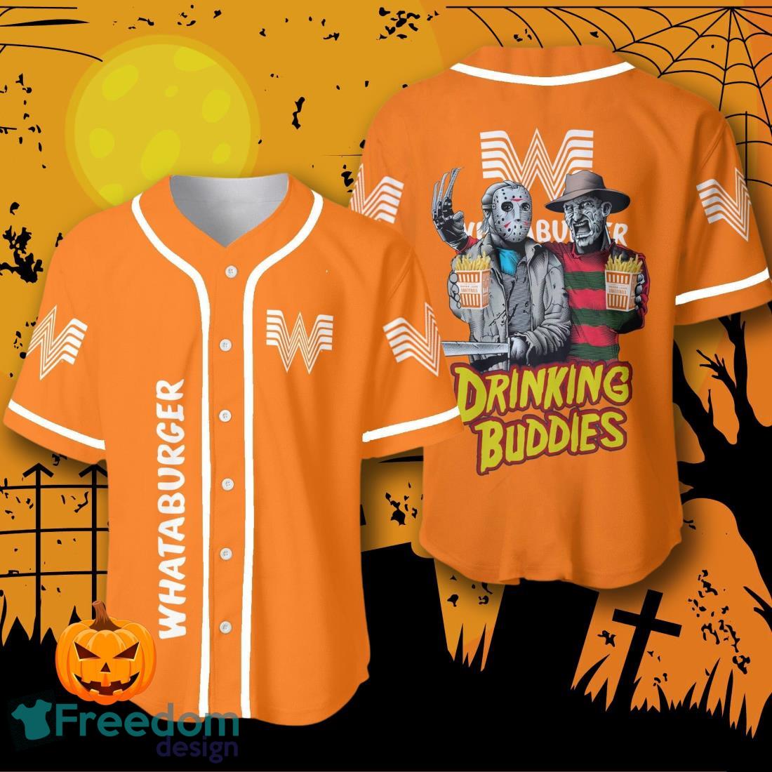 Halloween Horror Freddy And Jason Whataburger Drinking Buddies Baseball Jersey Halloween Shirt For Men Women image Halloween Horror Freddy And Jason Whataburger Drinking Buddies Baseball Jersey Halloween Shirt For Men Women Product Photo 1