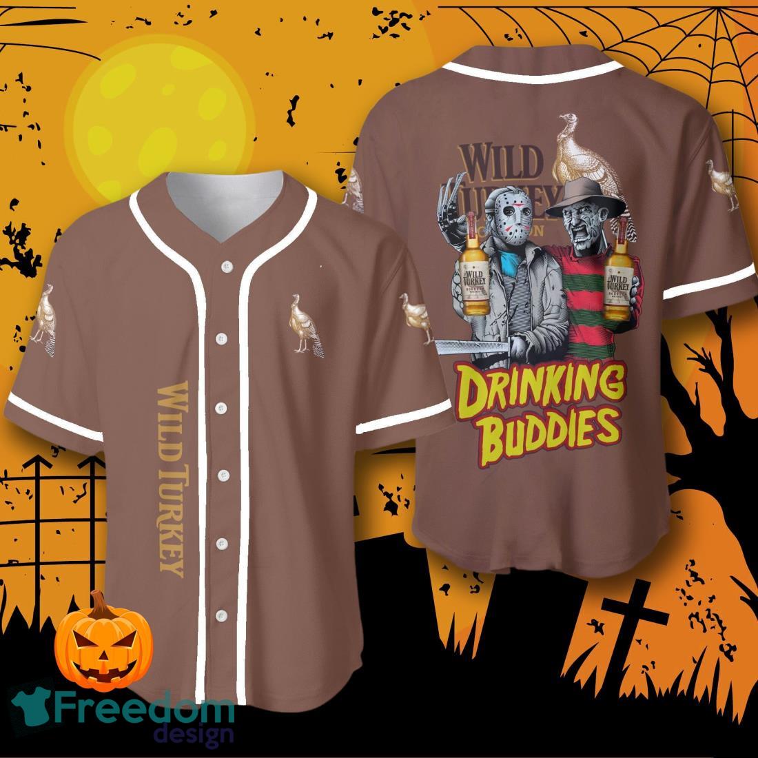Halloween Horror Freddy And Jason Wild Turkey Drinking Buddies Baseball Jersey Halloween Shirt For Men Women image Halloween Horror Freddy And Jason Wild Turkey Drinking Buddies Baseball Jersey Halloween Shirt For Men Women Product Photo 1