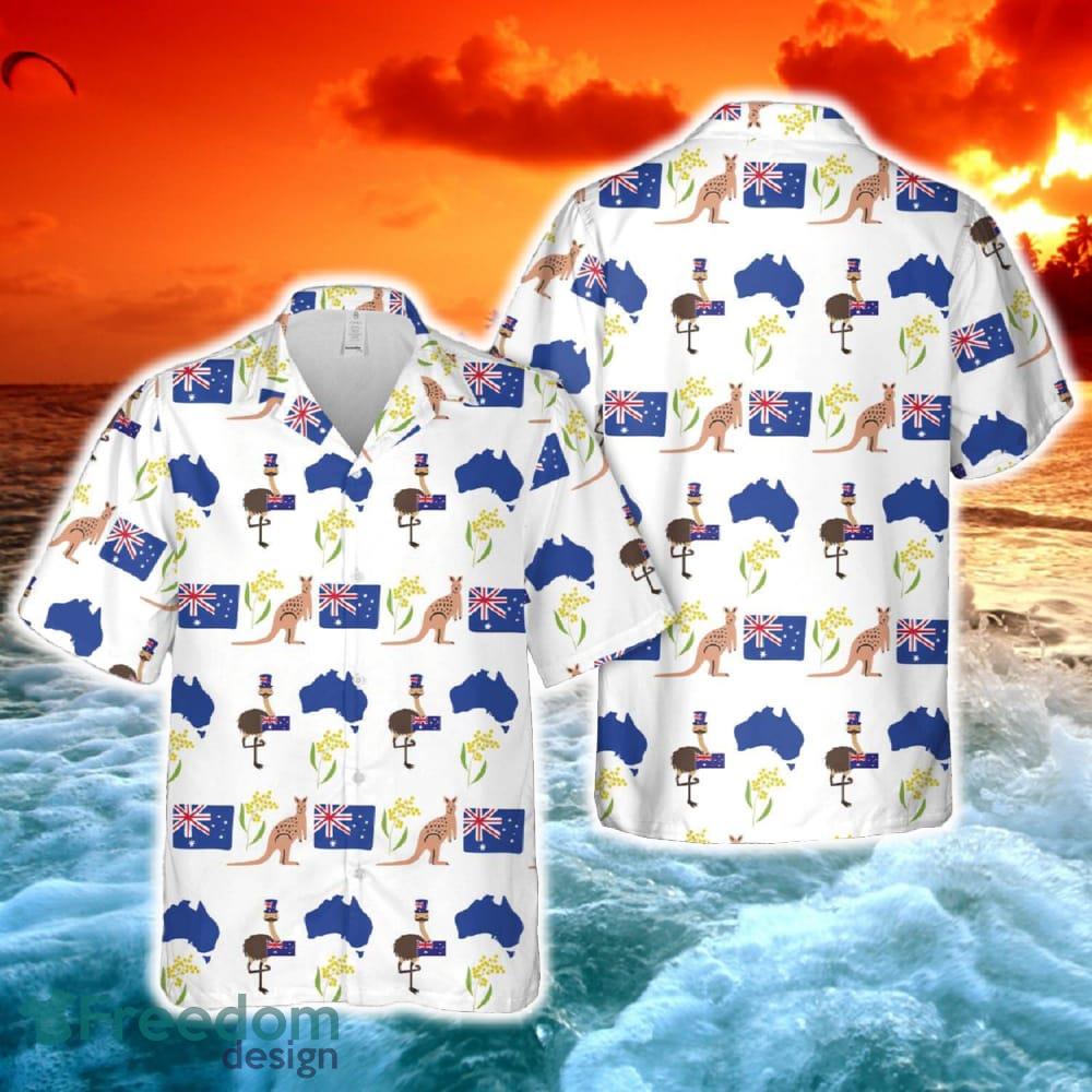 Happy Australia Day Emu Kangaroo Map and Flag Golden Wattle Flowers Hawaiian Shirt image Happy Australia Day Emu Kangaroo Map and Flag Golden Wattle Flowers Hawaiian Shirt - Happy Australia Day Emu Kangaroo Map and Flag Golden Wattle Flowers Hawaiian Shirt-1
