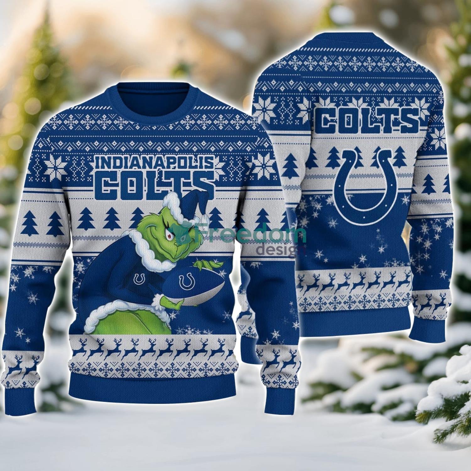 Indianapolis Colts Grinch Ugly Christmas Sweater With Team Logo 3D Printed Christmas Sweater Gift image Indianapolis Colts Grinch Ugly Christmas Sweater With Team Logo 3D Printed Christmas Sweater Gift Product Photo 1