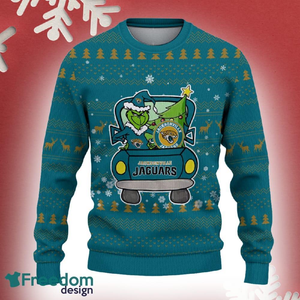 Jacksonville Jaguars Grinch Driving Funny 3D Ugly Christmas Sweater For Men Women image Jacksonville Jaguars Grinch Driving Funny 3D Ugly Christmas Sweater For Men Women - Jacksonville Jaguars Christmas Sweater Grinch Driving Photo 2