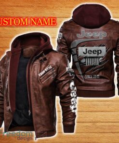 Jeep Leather Jacket Black And Brown Color Car Logo Trending All OVer Print Gift Fans Custom Name - Jeep Leather Jacket Car For Fans_2