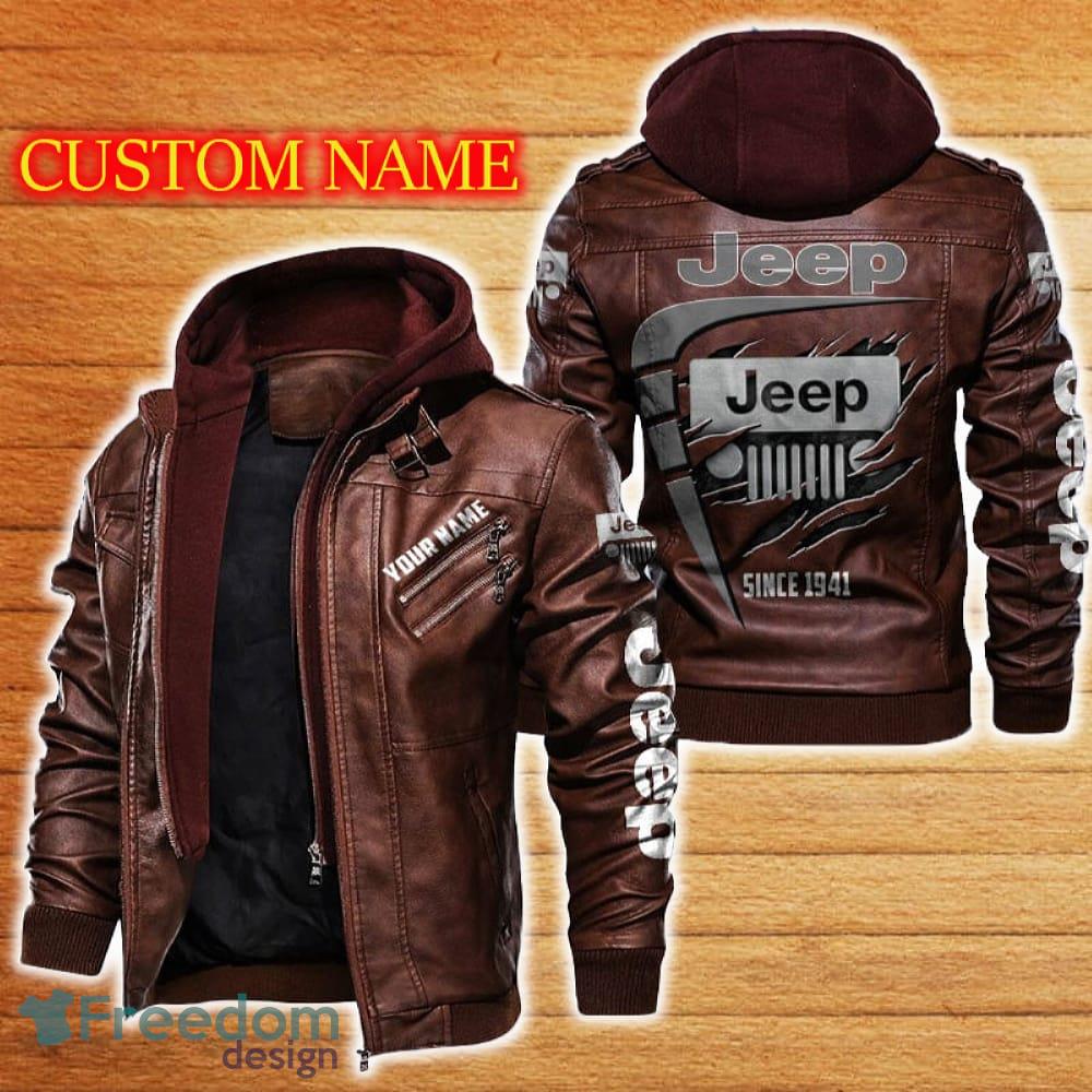 Jeep Leather Jacket Black And Brown Color Car Logo Trending All OVer Print Gift Fans Custom Name image Jeep Leather Jacket Black And Brown Color Car Logo Trending All OVer Print Gift Fans Custom Name - Jeep Leather Jacket Car For Fans_2