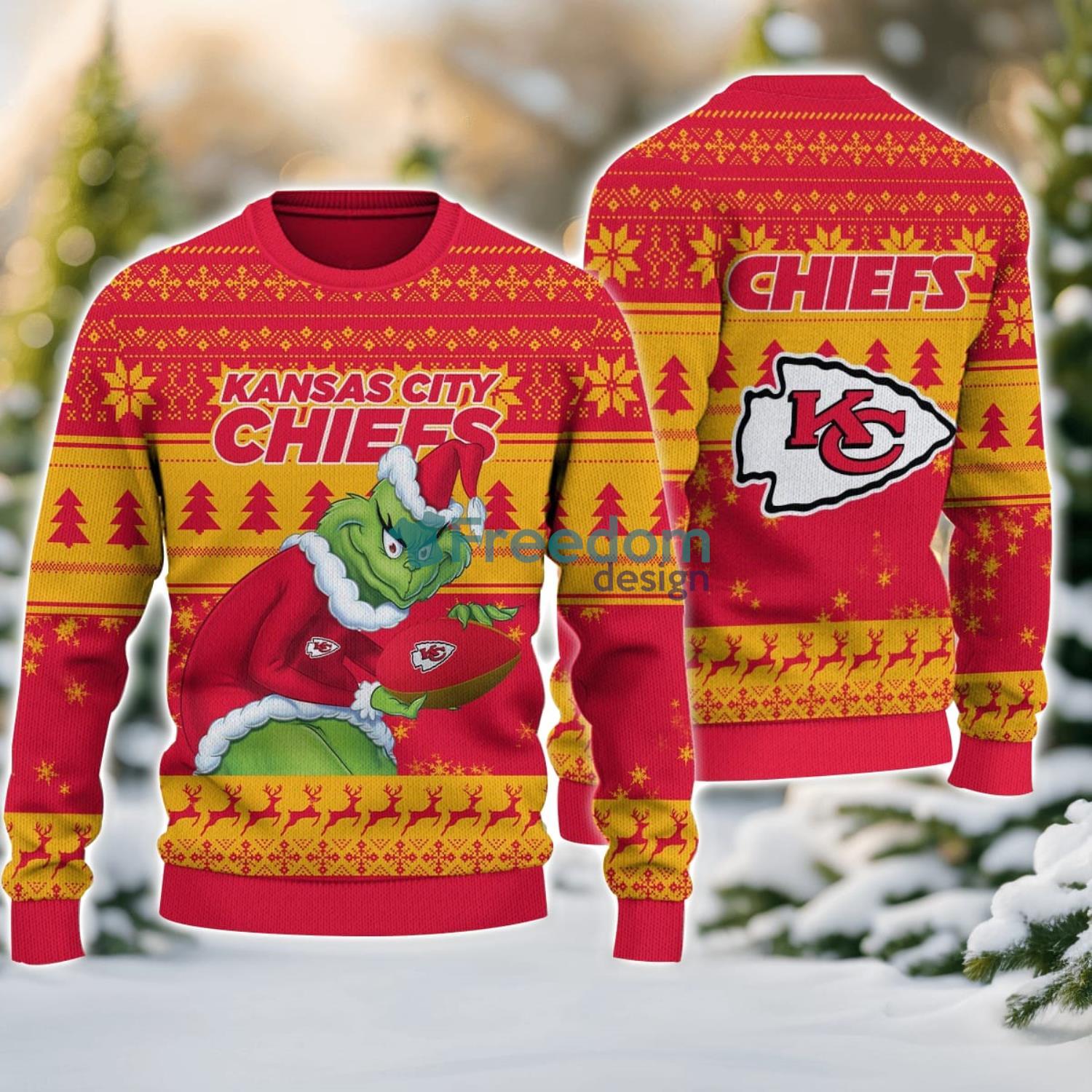 Kansas City Chiefs Grinch Ugly Christmas Sweater With Team Logo 3D Printed Christmas Sweater Gift image Kansas City Chiefs Grinch Ugly Christmas Sweater With Team Logo 3D Printed Christmas Sweater Gift Product Photo 1