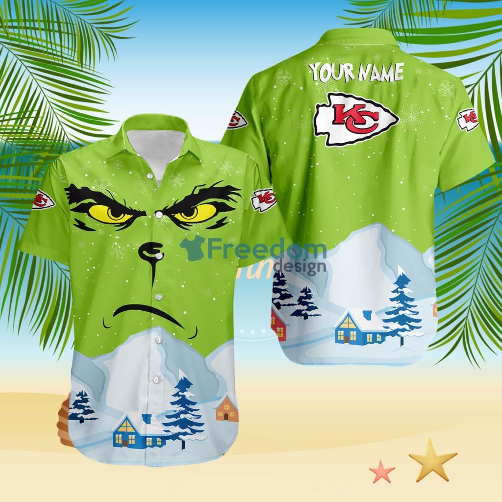 Kansas City Chiefs NFL Grinch Merry Merry Christmas House House Tropical Hawaiian Shirt Custom Name image Kansas City Chiefs NFL Grinch Merry Merry Christmas House House Tropical Hawaiian Shirt Custom Name Product Photo 1