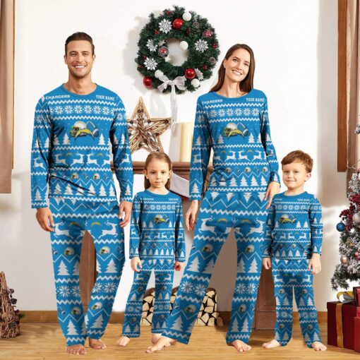 Los Angeles Chargers Custom Name Christmas Reindeer Pajamas Set Christmas Gifts For Family Pajamas Gift Product Photo 1