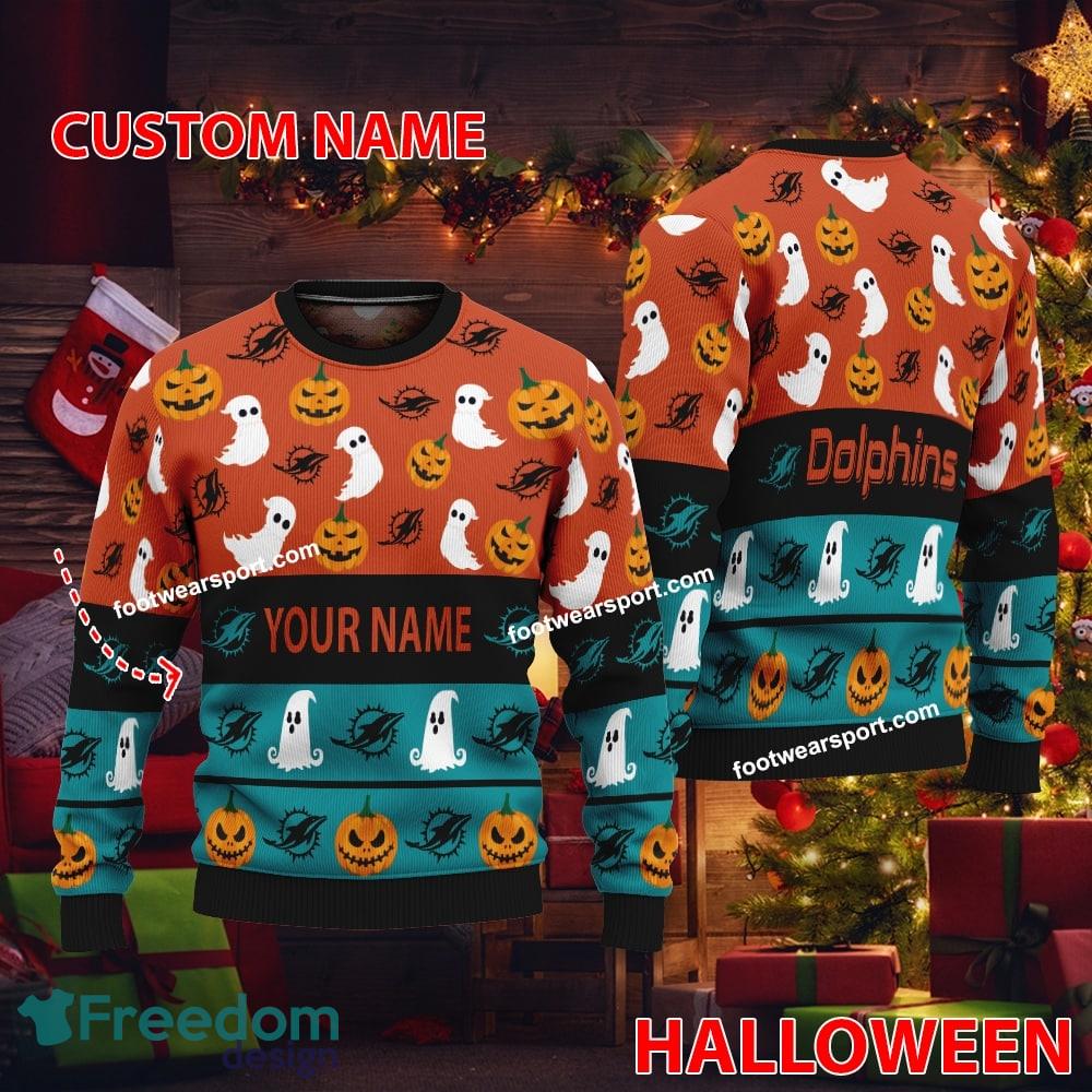 Miami Dolphins Custom Name Halloween Ugly Christmas Sweater For Fans image Miami Dolphins Custom Name Halloween Ugly Christmas Sweater For Fans - Miami Dolphins Custom Name Halloween Ugly Christmas Sweater For Fans