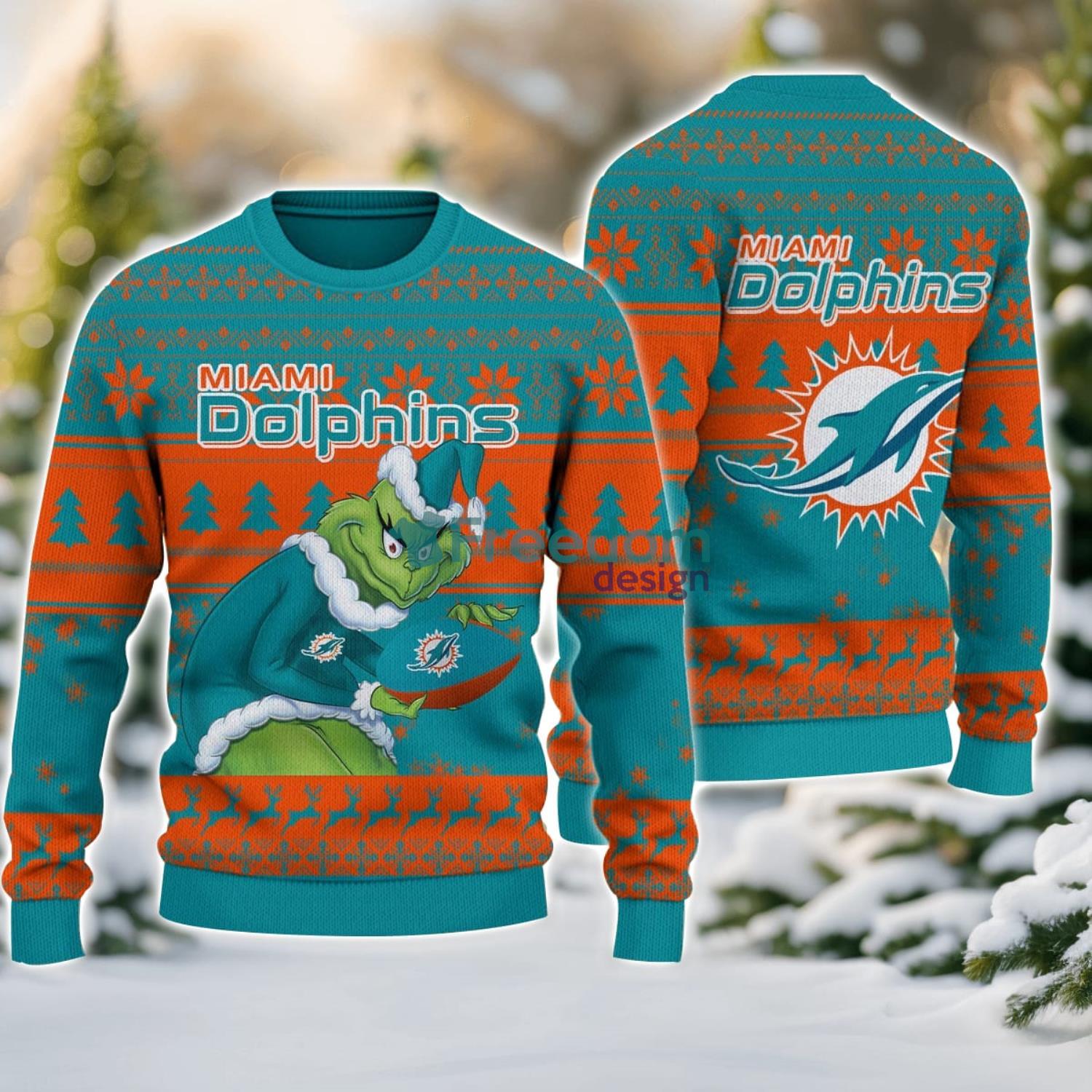 Miami Dolphins Grinch Ugly Christmas Sweater With Team Logo 3D Printed Christmas Sweater Gift image Miami Dolphins Grinch Ugly Christmas Sweater With Team Logo 3D Printed Christmas Sweater Gift Product Photo 1