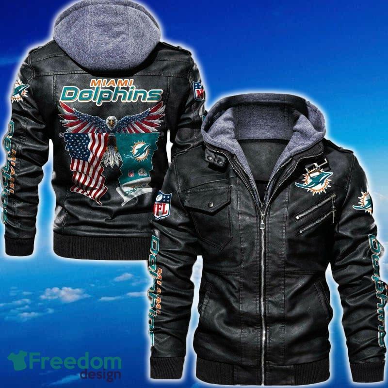 Miami Dolphins NFL Eagle 2D Leather Jacket Black And Brown Color image Miami Dolphins NFL Eagle 2D Leather Jacket Black And Brown Color - Miami Dolphins NFL Eagle Leather Jacket_1