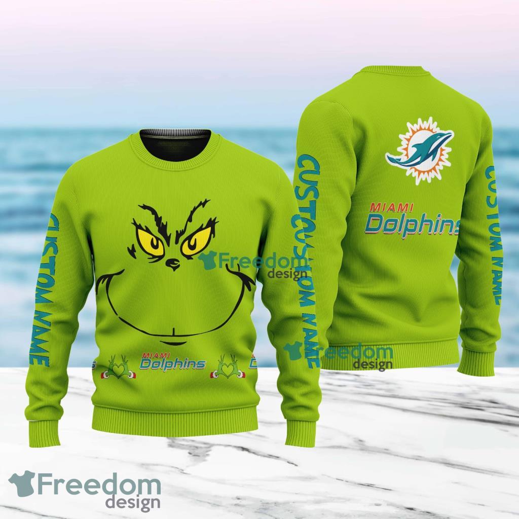Miami Dolphins NFL Ginch Face Funny Custom Name Ugly Sweater Merry Chistmas Gift For Fans image Miami Dolphins NFL Ginch Face Funny Custom Name Ugly Sweater Merry Chistmas Gift For Fans Product Photo 1