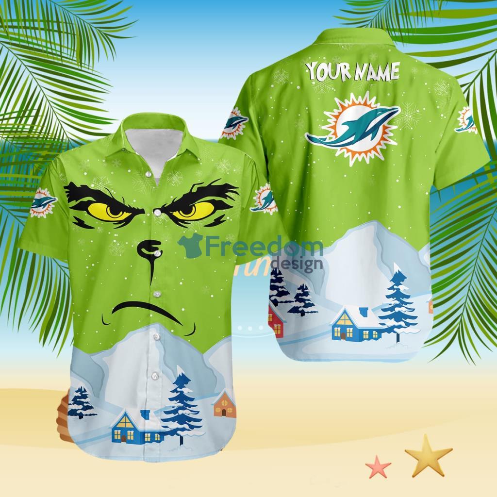 Miami Dolphins NFL Grinch Merry Merry Christmas House House Tropical Hawaiian Shirt Custom Name image Miami Dolphins NFL Grinch Merry Merry Christmas House House Tropical Hawaiian Shirt Custom Name Product Photo 1