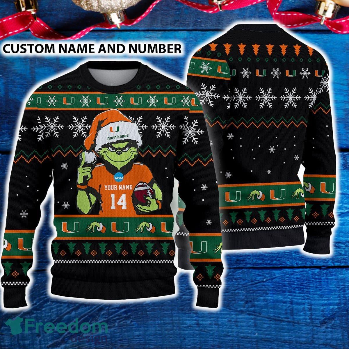 Miami Hurricanes 3D Ugly Christmas Sweater Grinch Funny Custom Number And Name image Miami Hurricanes 3D Ugly Christmas Sweater Grinch Funny Custom Number And Name - Miami Hurricanes 3D Ugly Christmas Sweater Grinch Funny Custom Number And Name