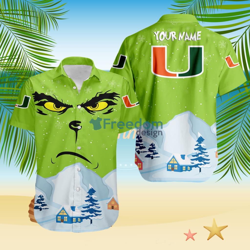 Miami Hurricanes NCAA Grinch Merry Merry Christmas House House Tropical Hawaiian Shirt Custom Name image Miami Hurricanes NCAA Grinch Merry Merry Christmas House House Tropical Hawaiian Shirt Custom Name Product Photo 1