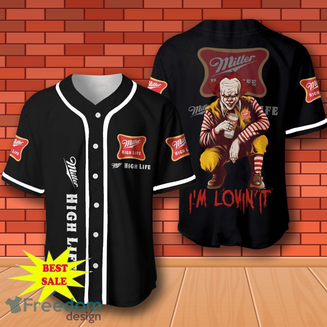 Miller High Life Pennywise Halloween Baseball Jersey for All Genders image Miller High Life Pennywise Halloween Baseball Jersey for All Genders Product Photo 1