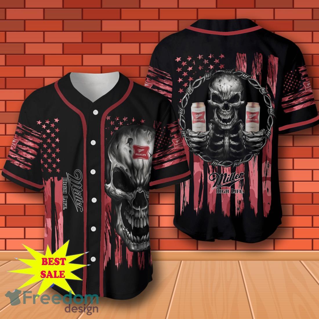 Miller High Life Skull USA Flag Baseball Jersey for All Genders image Miller High Life Skull USA Flag Baseball Jersey for All Genders Product Photo 1