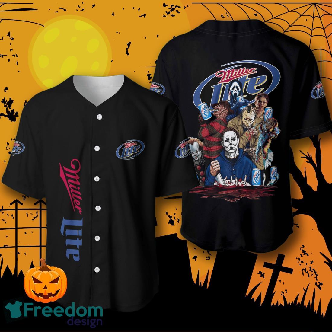 Miller Lite Beer Halloween Horror Characters Baseball Jersey For Men And Women image Miller Lite Beer Halloween Horror Characters Baseball Jersey For Men And Women Product Photo 1