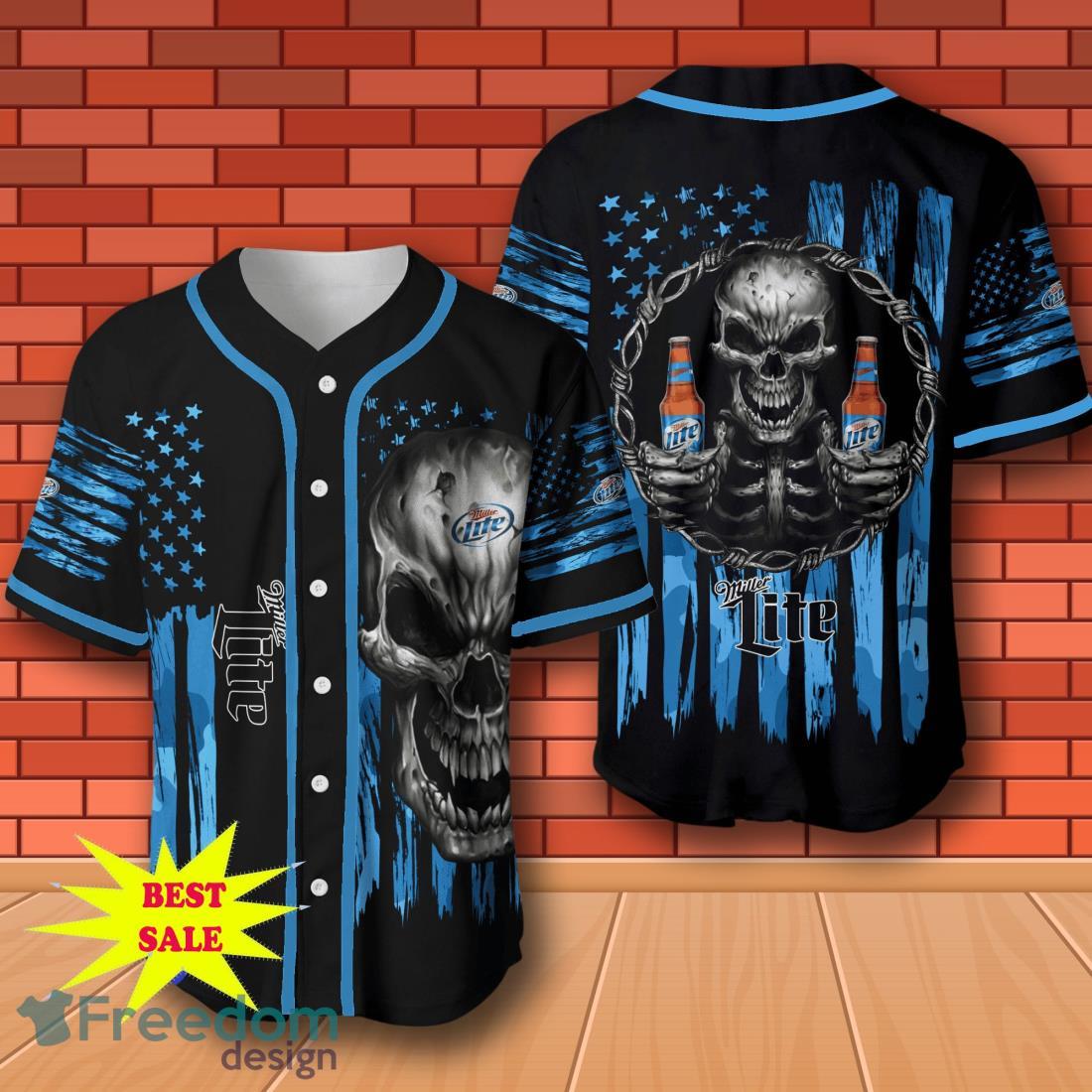 Miller Lite Skull USA Flag Baseball Jersey for All Genders image Miller Lite Skull USA Flag Baseball Jersey for All Genders Product Photo 1