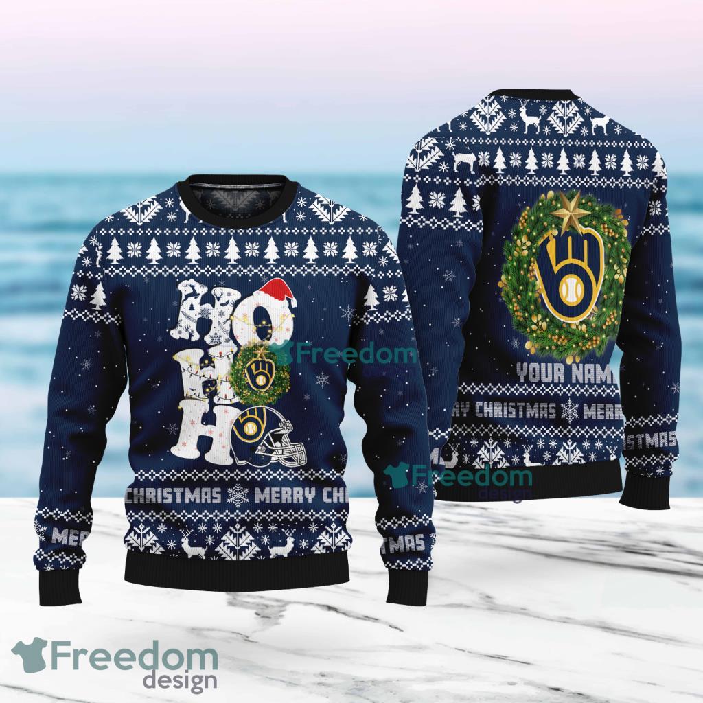 Milwaukee Brewers MLB Custom Name Christmas Wreath Ugly Sweater Christmas For Fans image Milwaukee Brewers MLB Custom Name Christmas Wreath Ugly Sweater Christmas For Fans Product Photo 1