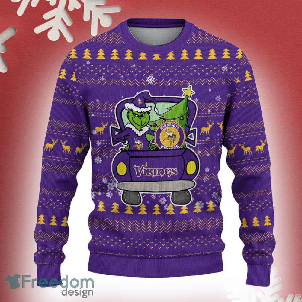 Minnesota Vikings Grinch Driving Funny 3D Ugly Christmas Sweater For Men Women image Minnesota Vikings Grinch Driving Funny 3D Ugly Christmas Sweater For Men Women - Minnesota Vikings Christmas Sweater Grinch Driving Photo 2