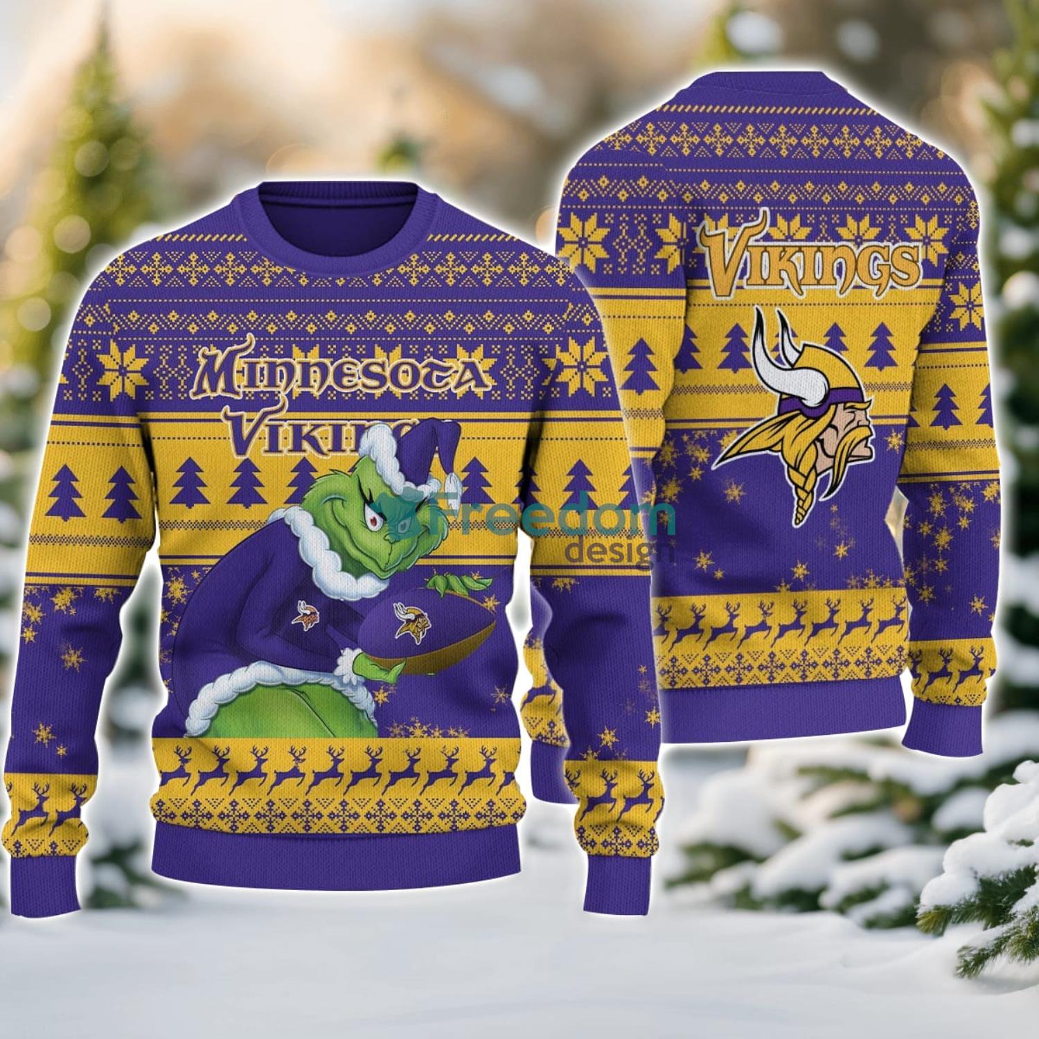 Minnesota Vikings Grinch Ugly Christmas Sweater With Team Logo 3D Printed Christmas Sweater Gift image Minnesota Vikings Grinch Ugly Christmas Sweater With Team Logo 3D Printed Christmas Sweater Gift Product Photo 1