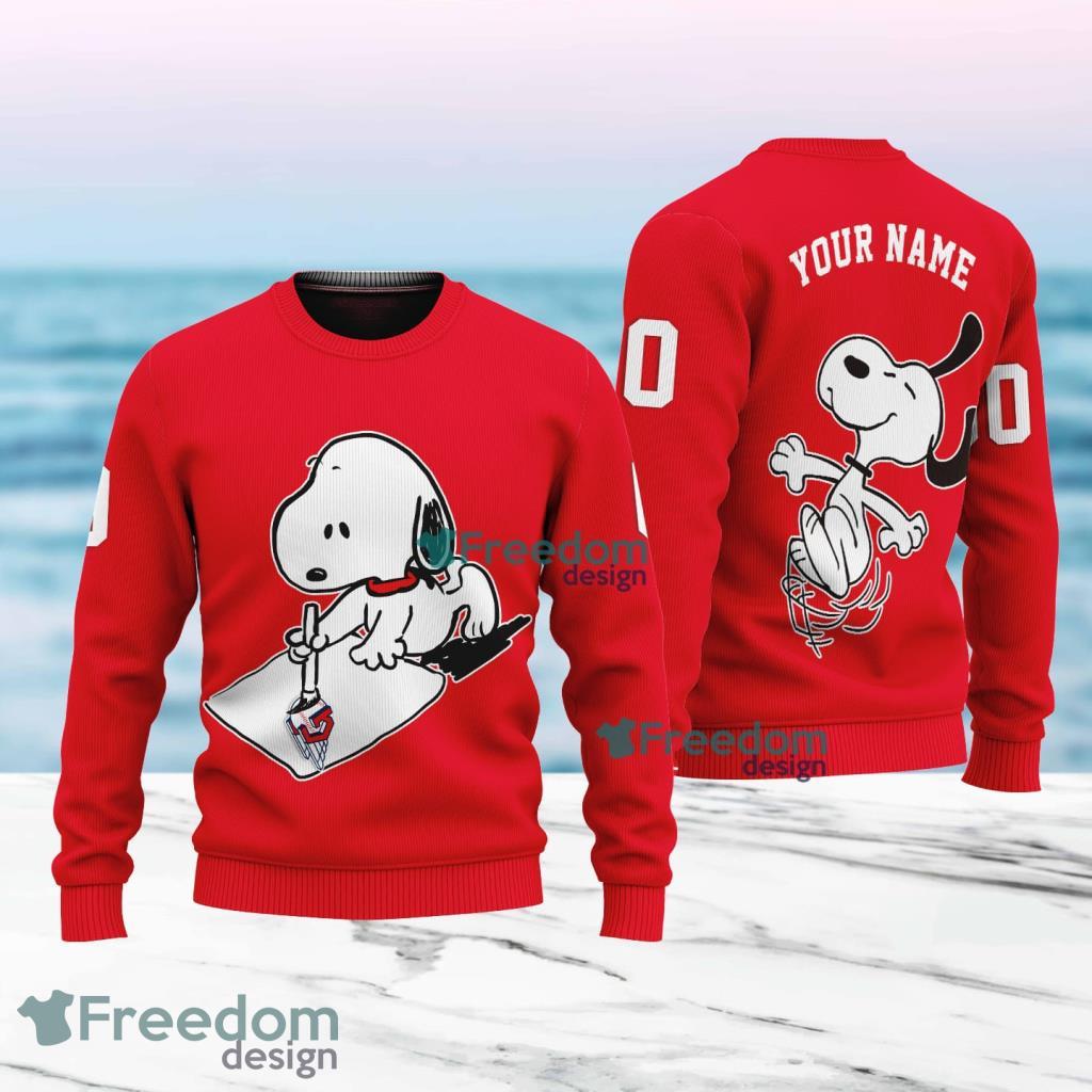 MLB Cleveland Guardians Snoopy Happy Custom Name And Number Christmas Ugly Sweater 3D Product Photo 1