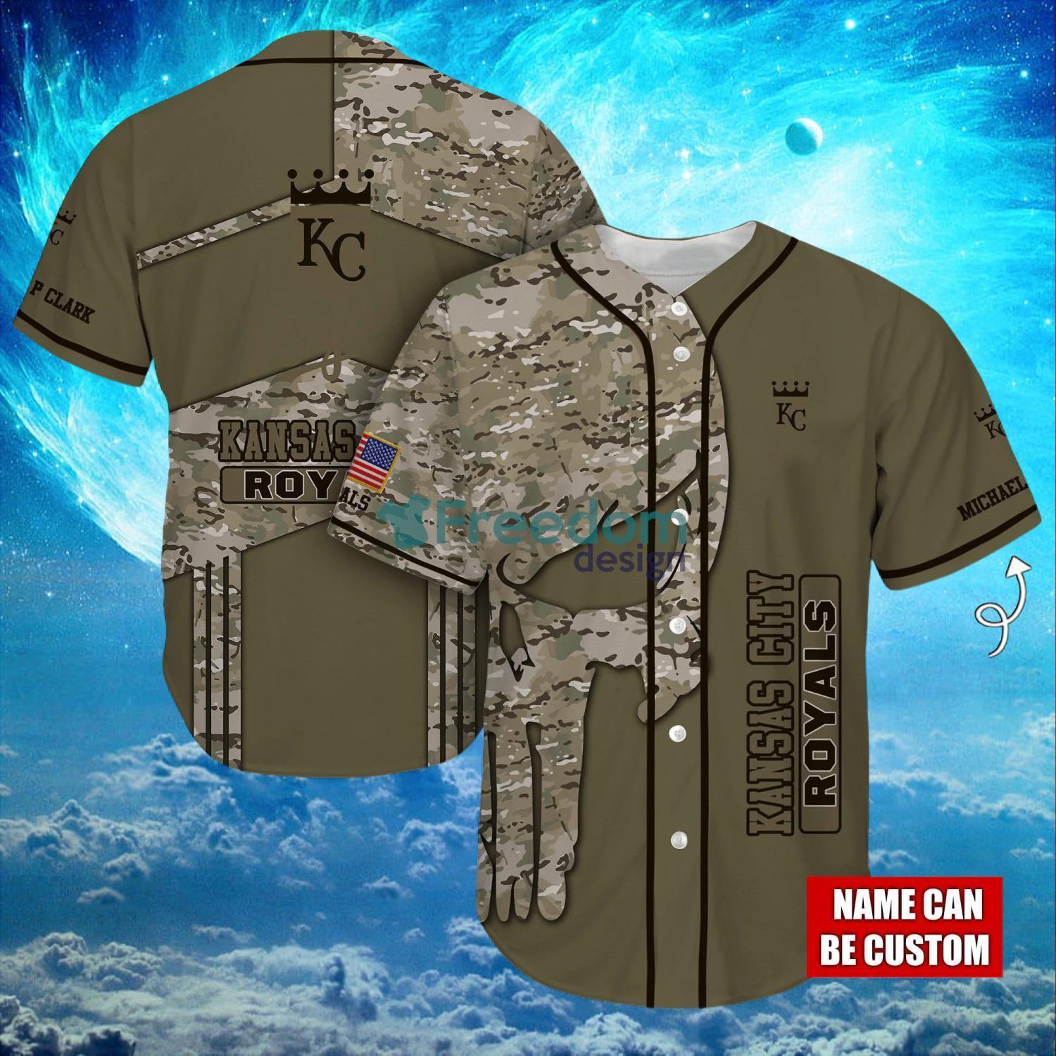 MLB Kansas City Royals Logo Design Camo Skull Custom Name Baseball Jersey Shirt Full Print image MLB Kansas City Royals Logo Design Camo Skull Custom Name Baseball Jersey Shirt Full Print Product Photo 1