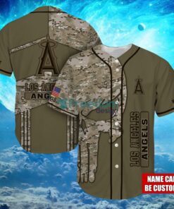 MLB Los Angeles Angels Logo Design Camo Skull Custom Name Baseball Jersey Shirt Full Print