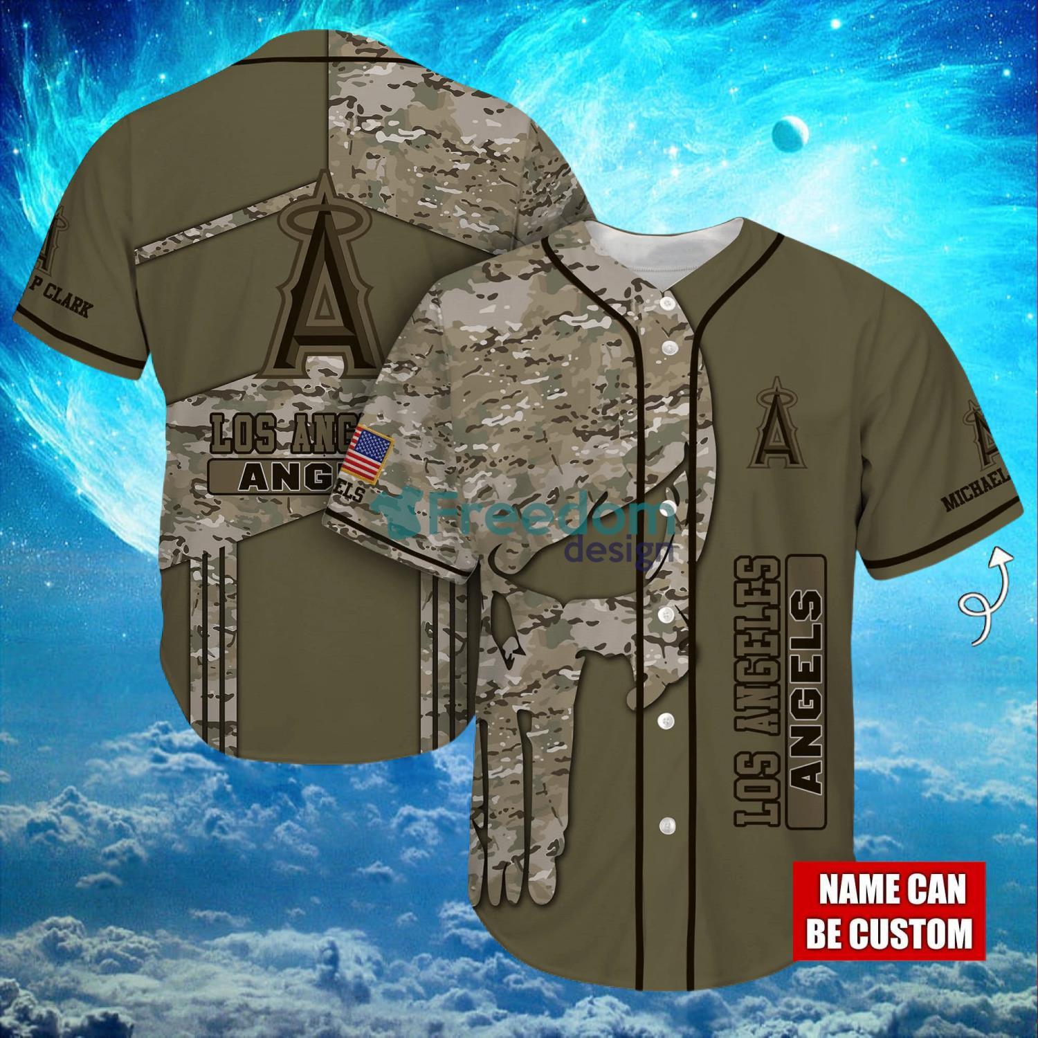 MLB Los Angeles Angels Logo Design Camo Skull Custom Name Baseball Jersey Shirt Full Print image MLB Los Angeles Angels Logo Design Camo Skull Custom Name Baseball Jersey Shirt Full Print Product Photo 1