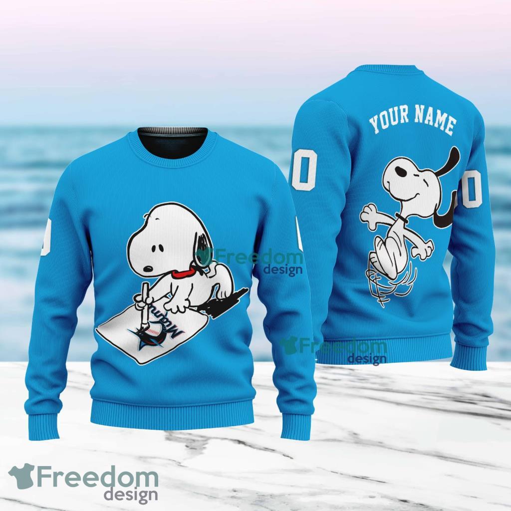 MLB Miami Marlins Snoopy Happy Custom Name And Number Christmas Ugly Sweater 3D Product Photo 1