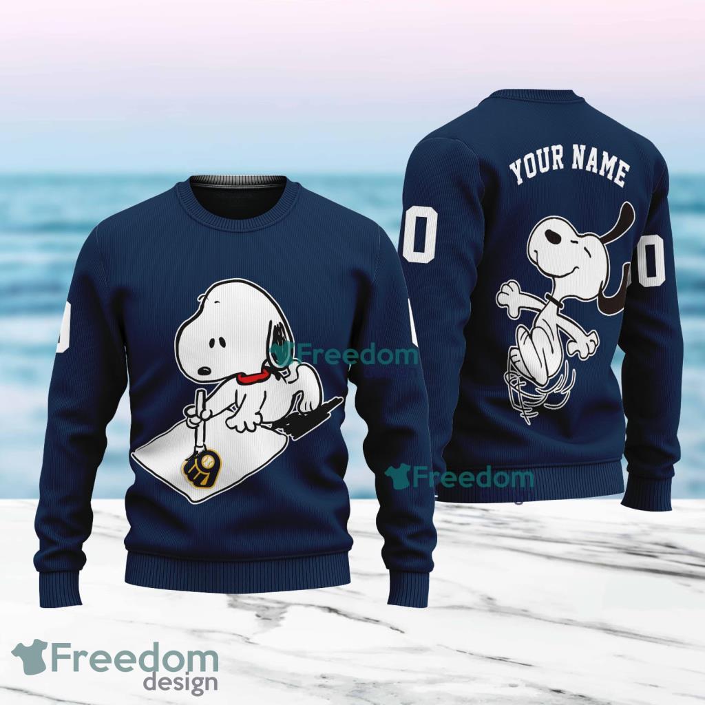 MLB Milwaukee Brewers Snoopy Happy Custom Name And Number Christmas Ugly Sweater 3D Product Photo 1