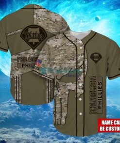 MLB Philadelphia Phillies Logo Design Camo Skull Custom Name Baseball Jersey Shirt Full Print