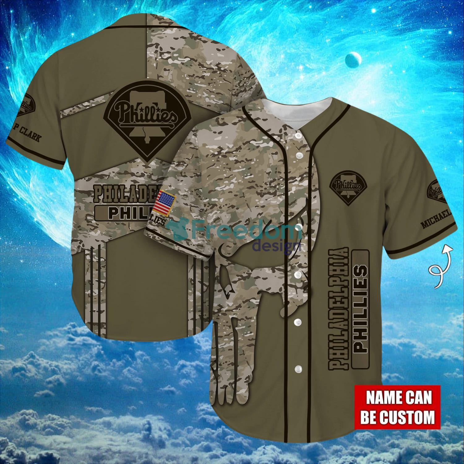 MLB Philadelphia Phillies Logo Design Camo Skull Custom Name Baseball Jersey Shirt Full Print image MLB Philadelphia Phillies Logo Design Camo Skull Custom Name Baseball Jersey Shirt Full Print Product Photo 1