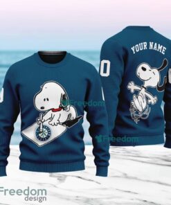 MLB Seattle Mariners Snoopy Happy Custom Name And Number Christmas Ugly Sweater 3D