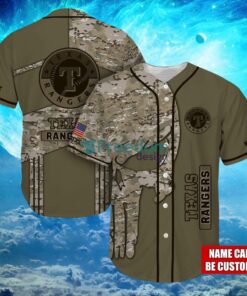 MLB Texas Rangers Logo Design Camo Skull Custom Name Baseball Jersey Shirt Full Print