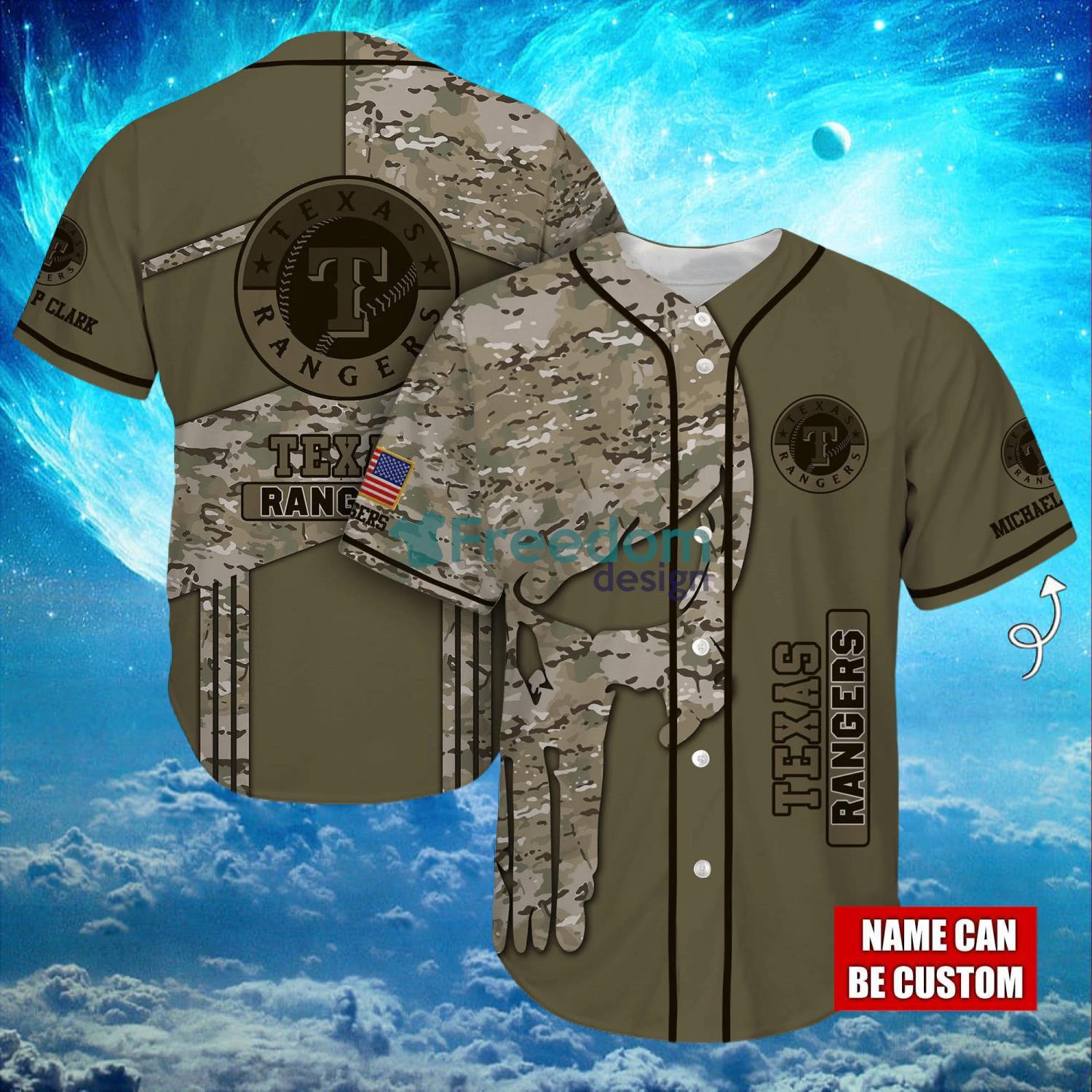 MLB Texas Rangers Logo Design Camo Skull Custom Name Baseball Jersey Shirt Full Print image MLB Texas Rangers Logo Design Camo Skull Custom Name Baseball Jersey Shirt Full Print Product Photo 1