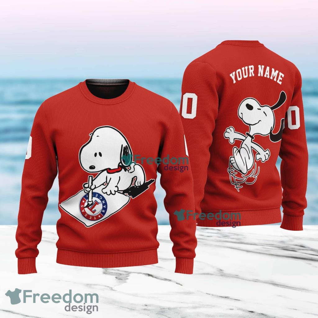 MLB Texas Rangers Snoopy Happy Custom Name And Number Christmas Ugly Sweater 3D image MLB Texas Rangers Snoopy Happy Custom Name And Number Christmas Ugly Sweater 3D Product Photo 1