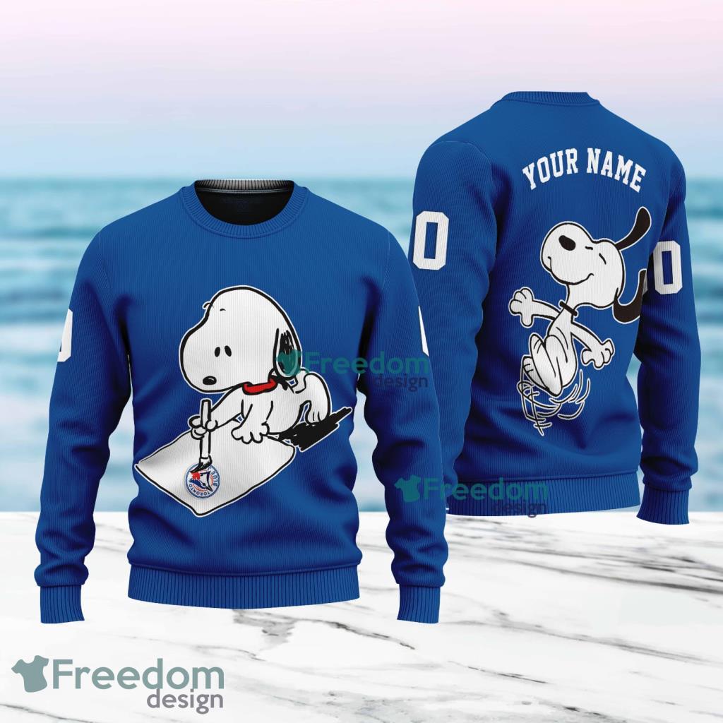 MLB Toronto Blue Jays Snoopy Happy Custom Name And Number Christmas Ugly Sweater 3D image MLB Toronto Blue Jays Snoopy Happy Custom Name And Number Christmas Ugly Sweater 3D Product Photo 1
