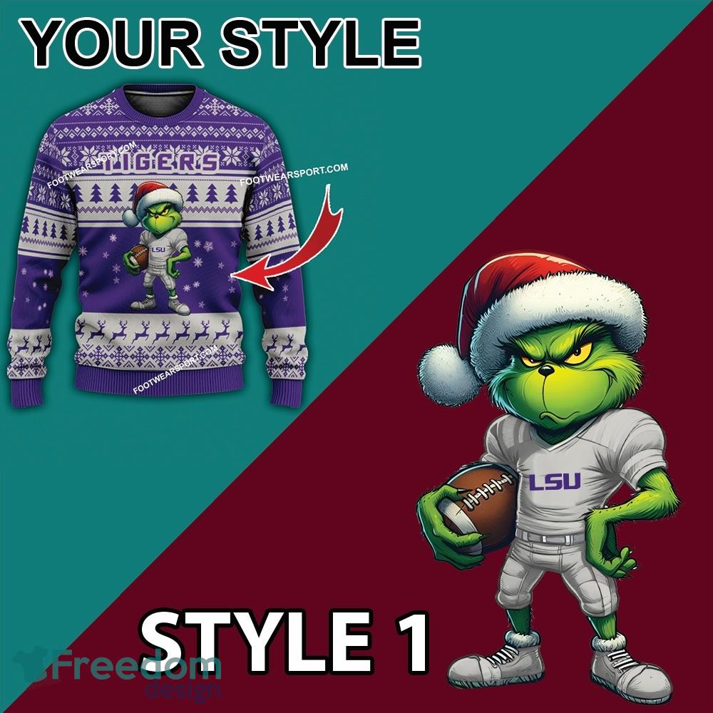 Multi Style Grinch LSU Tigers Knitted Christmas Sweater AOP Gift For Men And Women image Multi Style Grinch LSU Tigers Knitted Christmas Sweater AOP Gift For Men And Women - Grinch LSU Tigers Ugly Christmas Sweater Photo 3