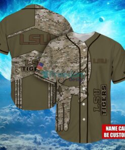 NCAA LSU Tigers Logo Design Camo Skull Custom Name Baseball Jersey Shirt Full Print