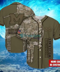 NCAA Michigan Wolverines Logo Design Camo Skull Custom Name Baseball Jersey Shirt Full Print