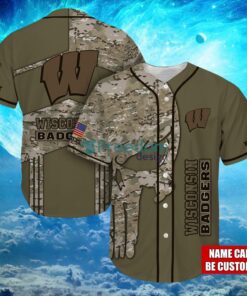 NCAA Wisconsin Badgers Logo Design Camo Skull Custom Name Baseball Jersey Shirt Full Print