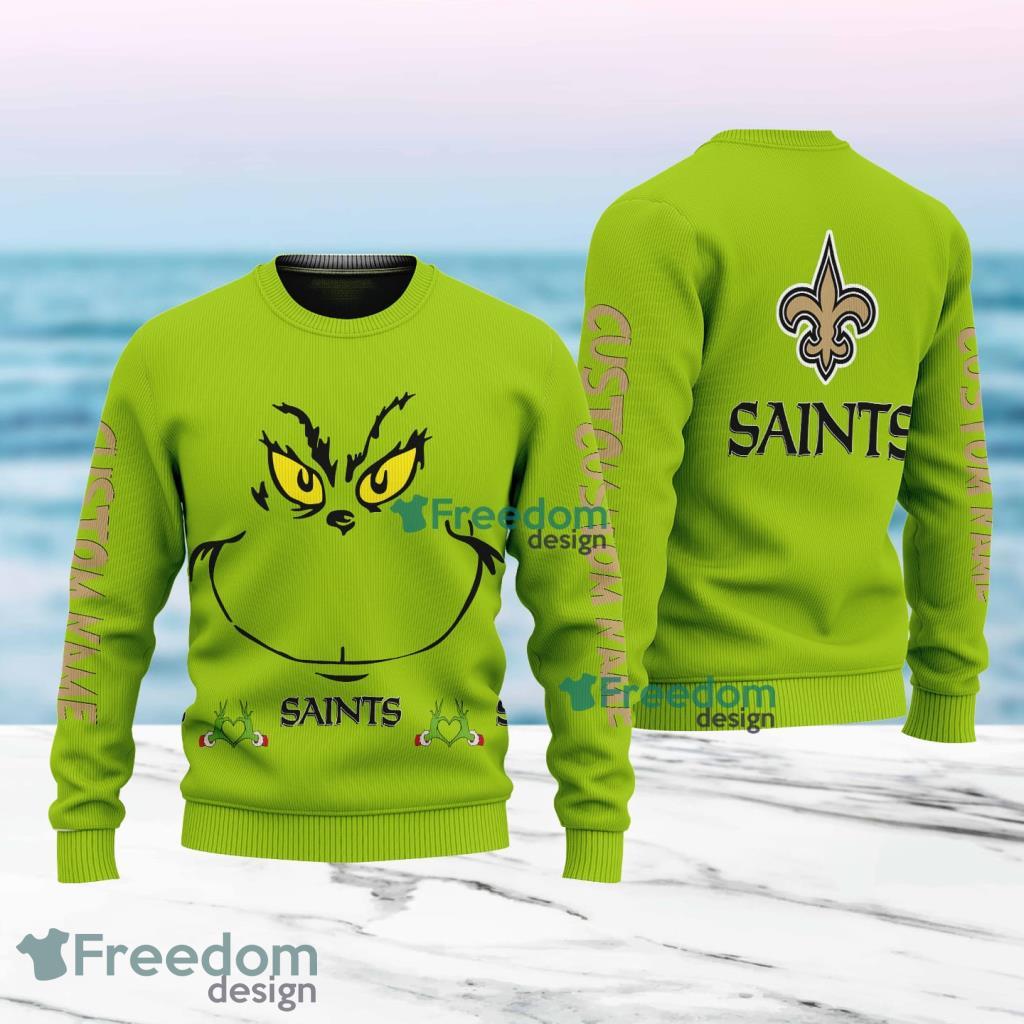 New Orleans Saints NFL Ginch Face Funny Custom Name Ugly Sweater Merry Chistmas Gift For Fans image New Orleans Saints NFL Ginch Face Funny Custom Name Ugly Sweater Merry Chistmas Gift For Fans Product Photo 1