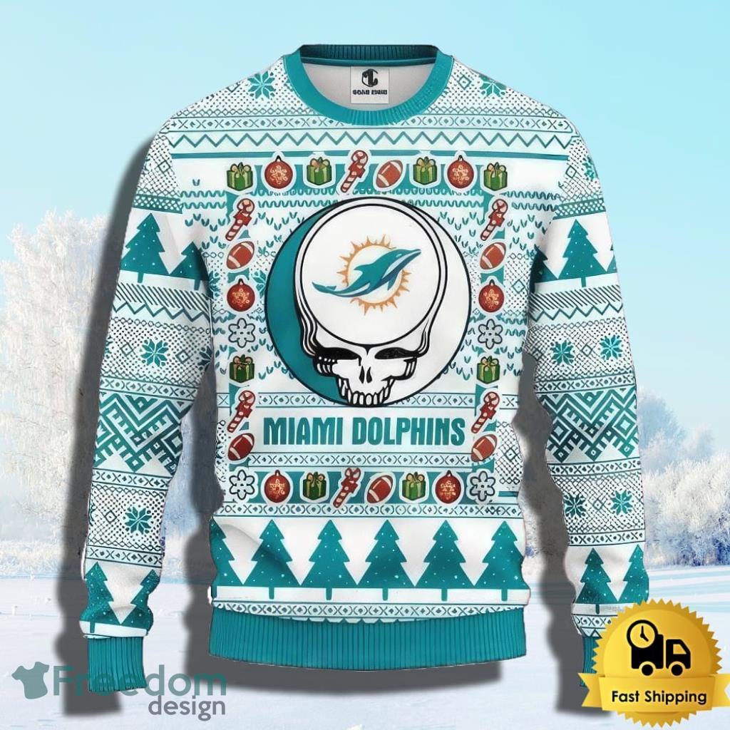 NFL Miami Dolphins Ugly Christmas Sweater The Intelligence Of The Skull Unisex Sweater Gift image NFL Miami Dolphins Ugly Christmas Sweater The Intelligence Of The Skull Unisex Sweater Gift Product Photo 1